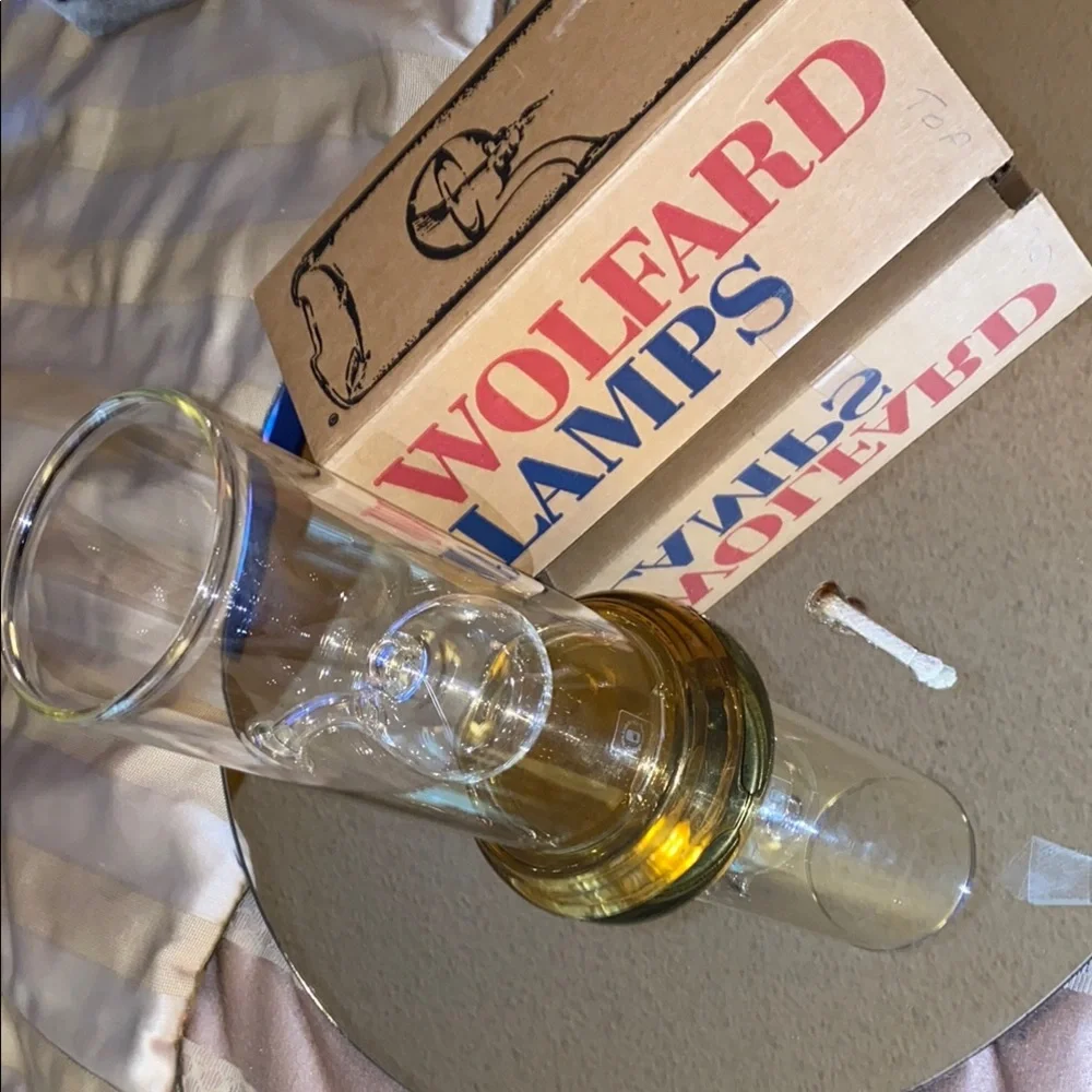 Box41 9” Wolfard Glass Oil Lamp with Brass Base in Original Box